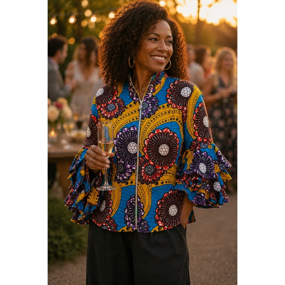 Women's African Print Ruffled Sleeve Zip Top Square Collar Colorful Jacket